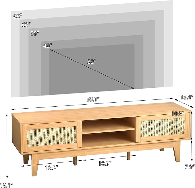 Boho TV Stand for 55 65 Inch TV, Rattan Entertainment Center