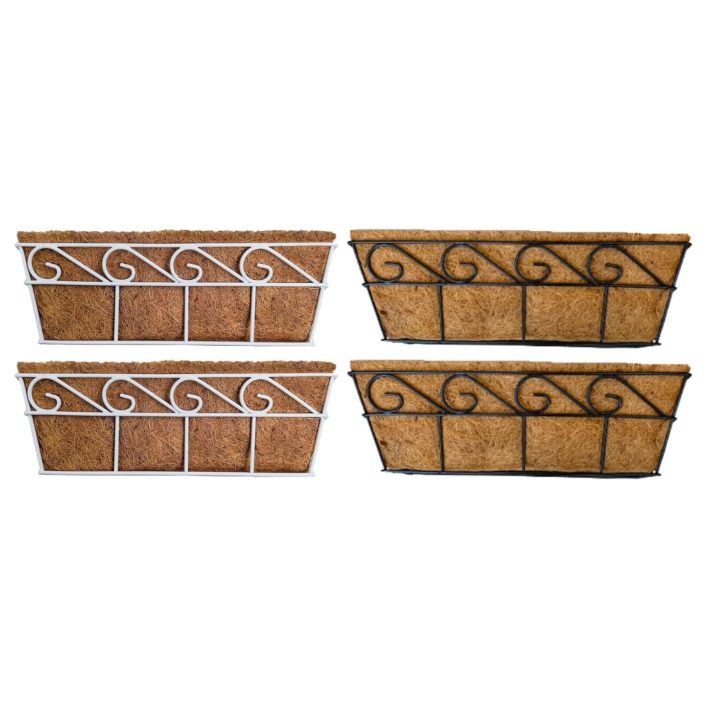 LaLaGreen Bundle (2 Pack, 30 Inch White + 2 Pack, 30 Inch Black) Window Flower Boxes Basket Outdoor, Balcony Planter Over The Rail, Deck Railing Metal Horse Troughs Fence Patio Porch Garden Decor
