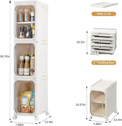 3-Tier Slim Narrow Bathroom Storage Cabinet, Cream White | Tool Free Assembly, Adjustable shelves, Fits for Narrow Spaces, Lockable Wheels, Magnetic Clear Door