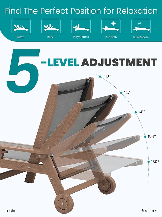 SERWALL Textilene Patio Chaise Lounge Chair, 5 Positions Adjustable Outdoor