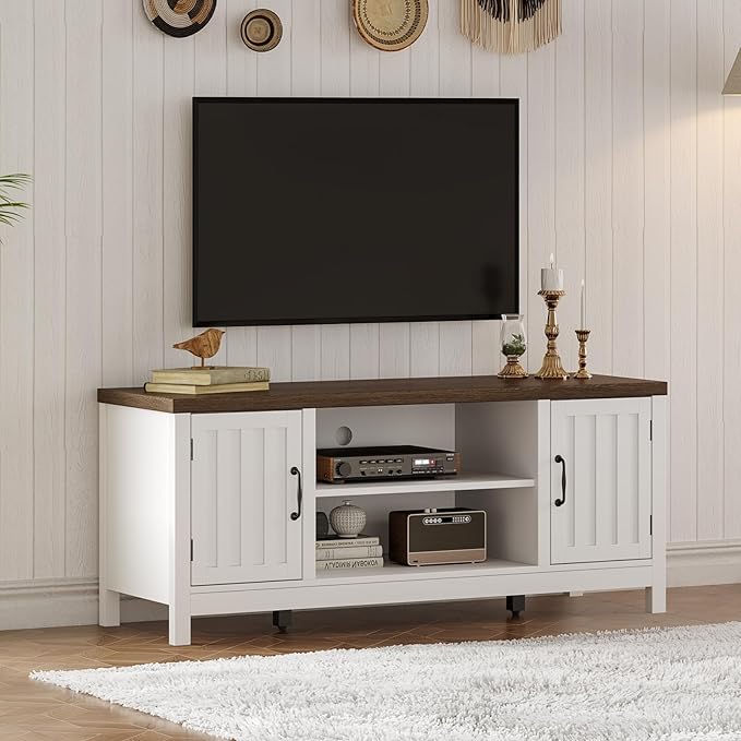 ChooChoo Farmhouse TV Stand, Wood Fluted Door Entertainment Center