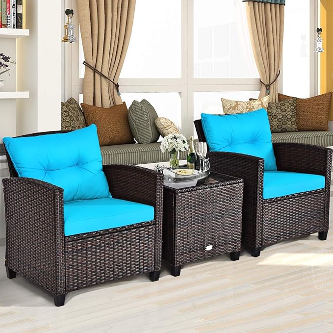 COSTWAY 3PCS Patio Furniture Set, PE Rattan Wicker Sofa w/Washable Cushion and