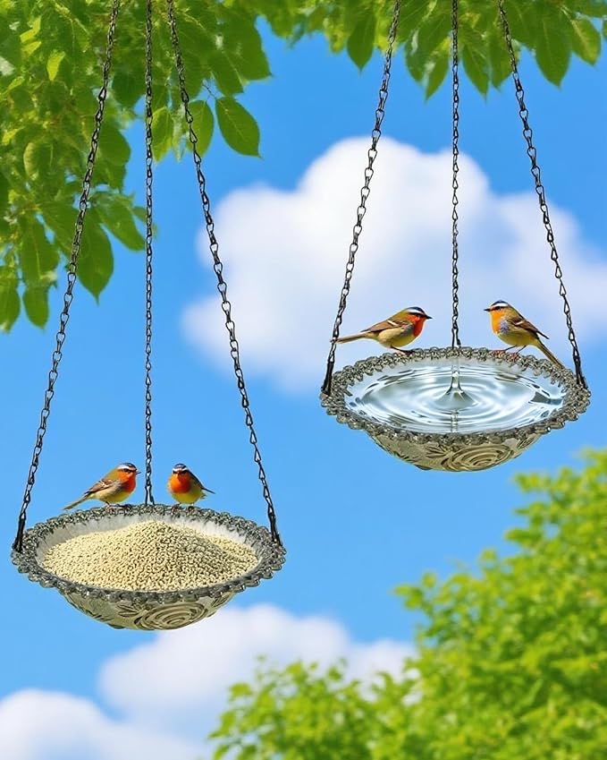 2 Pack Hanging Bird Baths and Feeders for Outdoors, Plastic Bird Bath Bowl & Hanging Feeder for Garden Yard Decor,Mist Grey