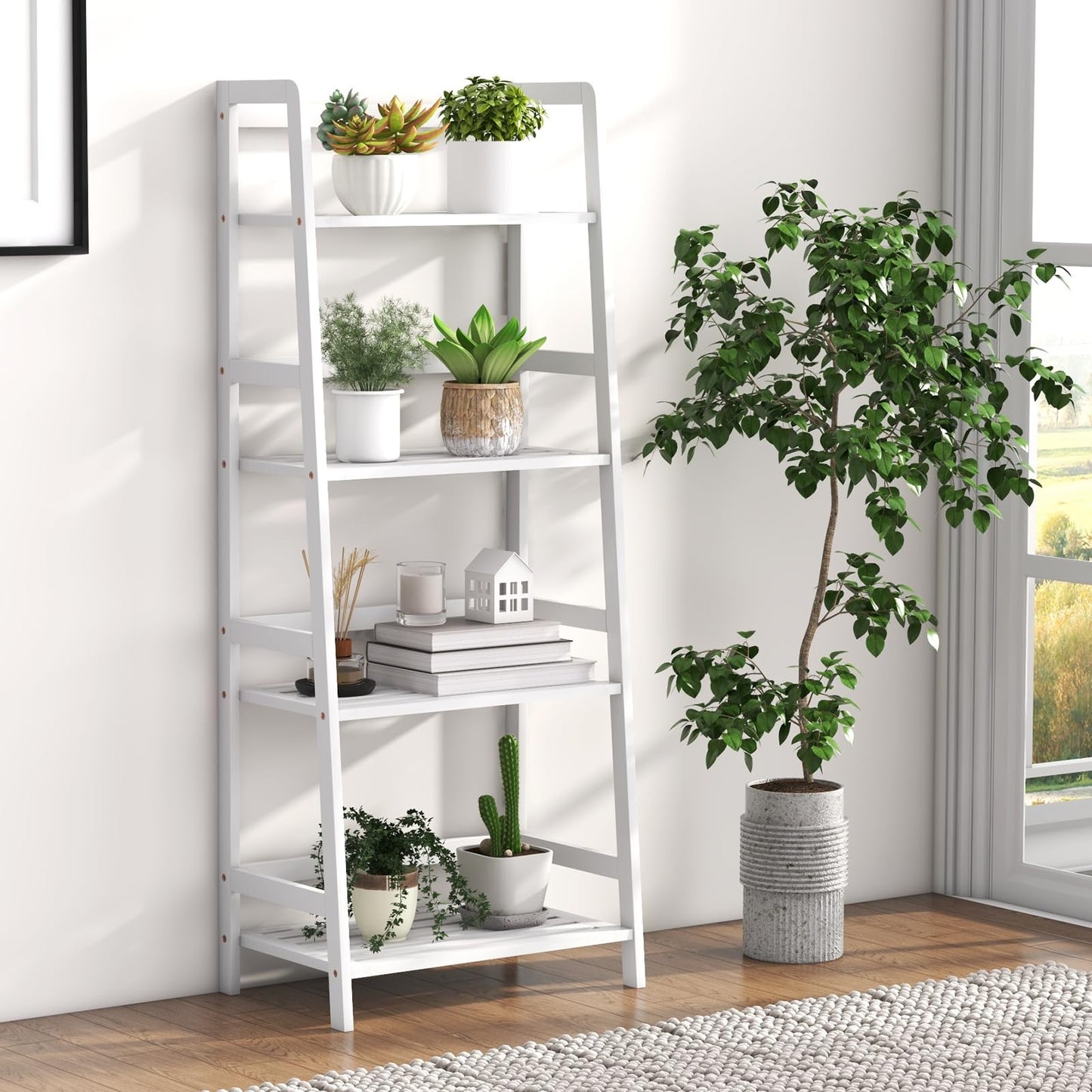 Giantex 4-Tier White Ladder Shelf, Bamboo Open Bookcase Book Shelf with Storage, 47.5" Freestanding Display Shelving Unit Plant Stand Rack Organizer, Shelves for Bedroom, Living Room, Home Office