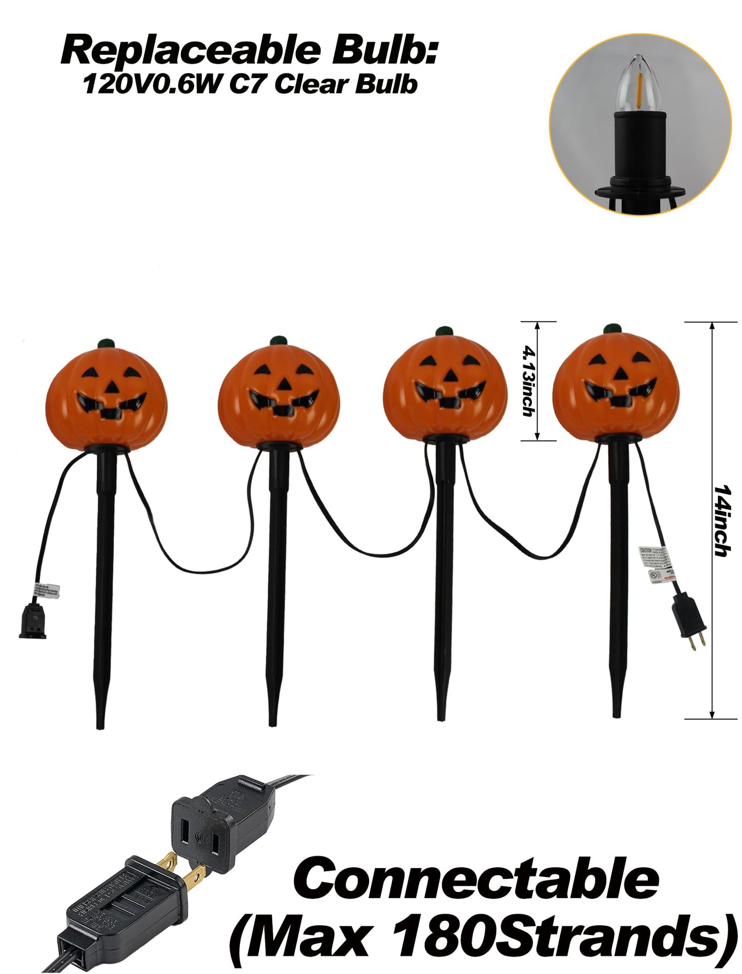 4 Pack Halloween Pumpkin Pathway Marker Lights with C7 Clear Bulbs, 7Ft Pumpkin Night Light with 4 Stakes, Extendable Waterproof Pathway Decor for Yard Porch Lawn Pathway Garden Chirstmas