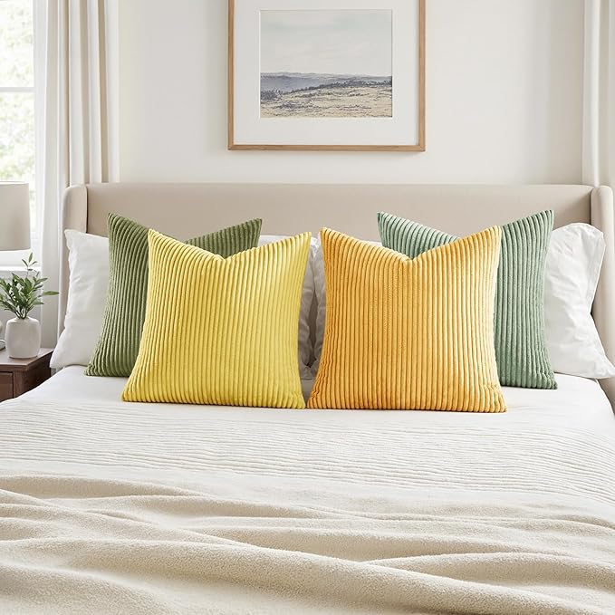 MIULEE Boho Farmhouse Yellow Green Throw Pillow Covers 18x18 Inch Set of 4