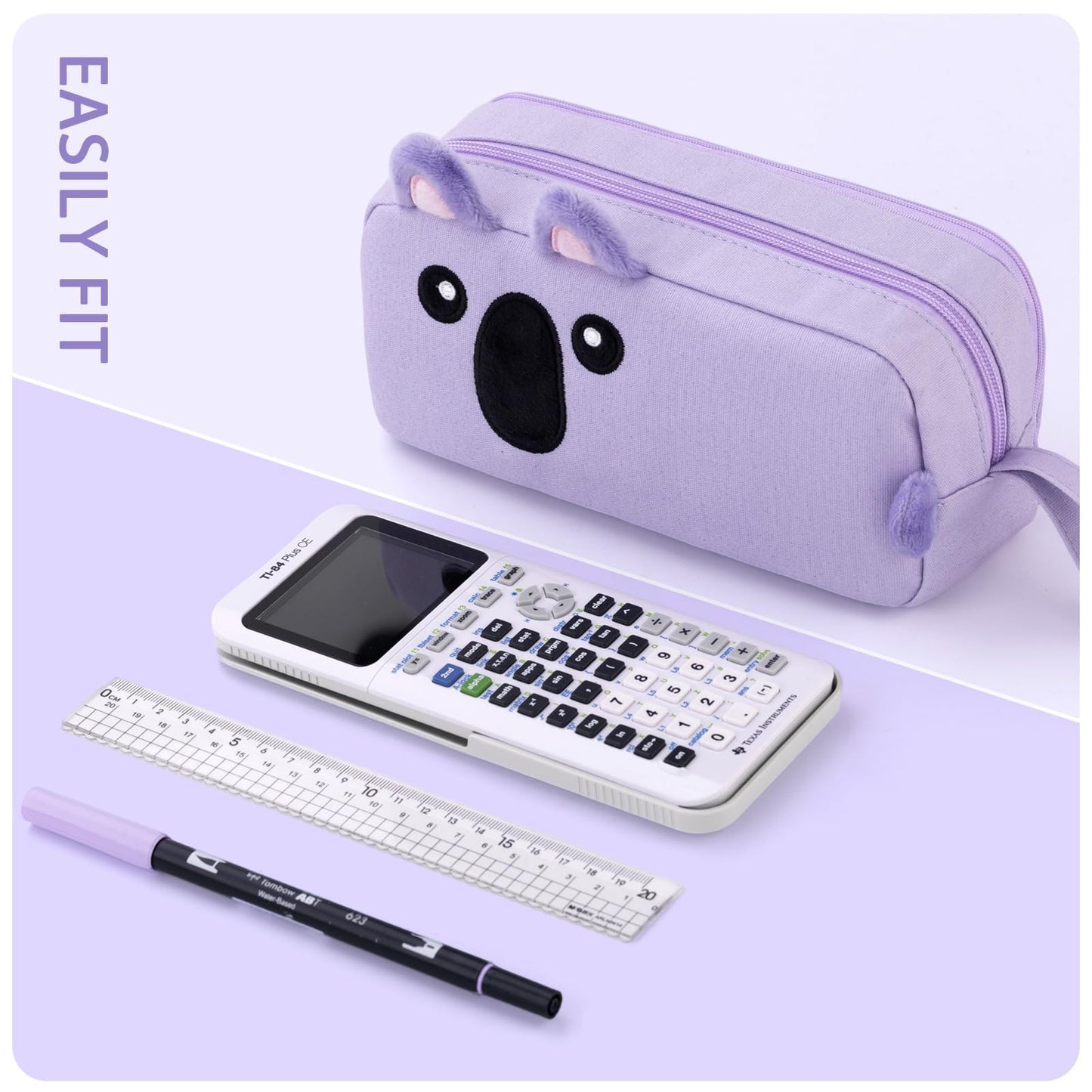 CICIMELON Cartoon Pencil Case, Large Capacity Pen Pouch with Embroidered Animal Design, School Supplies Bag for Kids, Teens, Students (Purple Koala)