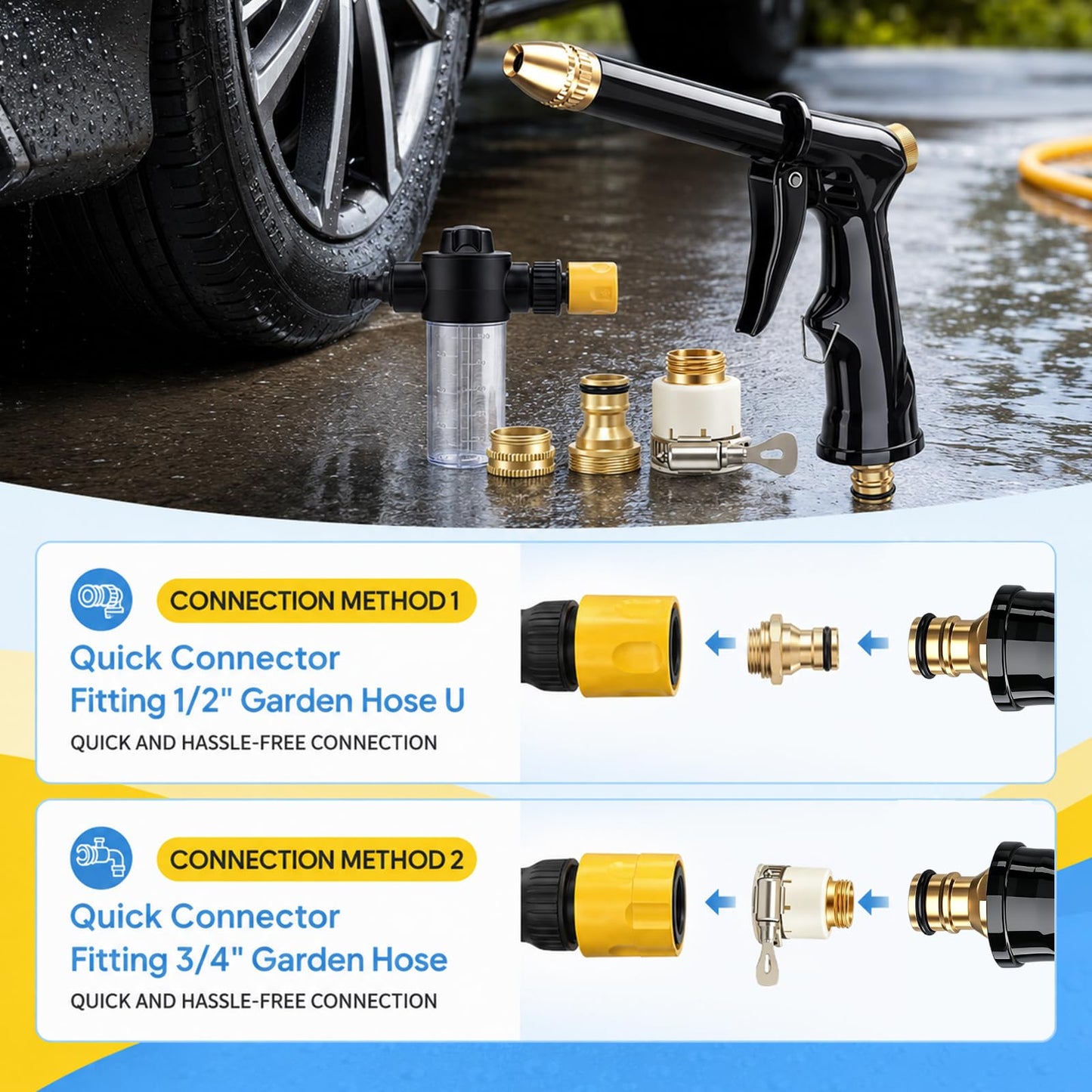 Turn Any Hose Into A High-Pressure Water Jet,Heavy Duty Garden Hose Nozzle,Multi Function Lawn & Garden Watering Sprayer,Spray Nozzles for Cleaning Yard Pets Car,Three Spray Modes with Foam Pot(set)