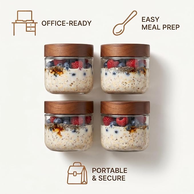 Danmu 8 oz Overnight Oats Containers with Lids,Glass Jars with Lids 4 Pack | Wooden Lid,Meal Prep,Yogurt,Leftovers,Leak-proof,Dishwasher Safe(remove lids),Fridge Safe,Portable,Stackable
