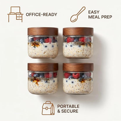Danmu 8 oz Overnight Oats Containers with Lids,Glass Jars with Lids 4 Pack | Wooden Lid,Meal Prep,Yogurt,Leftovers,Leak-proof,Dishwasher Safe(remove lids),Fridge Safe,Portable,Stackable