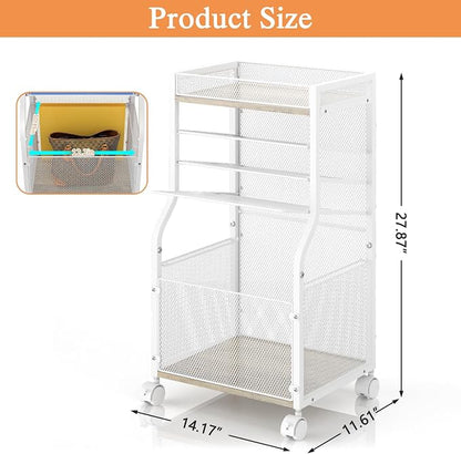 5-Tier Rolling File Cart with Lockable Wheels, Mobile Desk File Organizer Hanging File Folders Paper Letter Sliding Trays, White Wood & Mesh Hanging Folder Drawer Organization for Office, Home, School