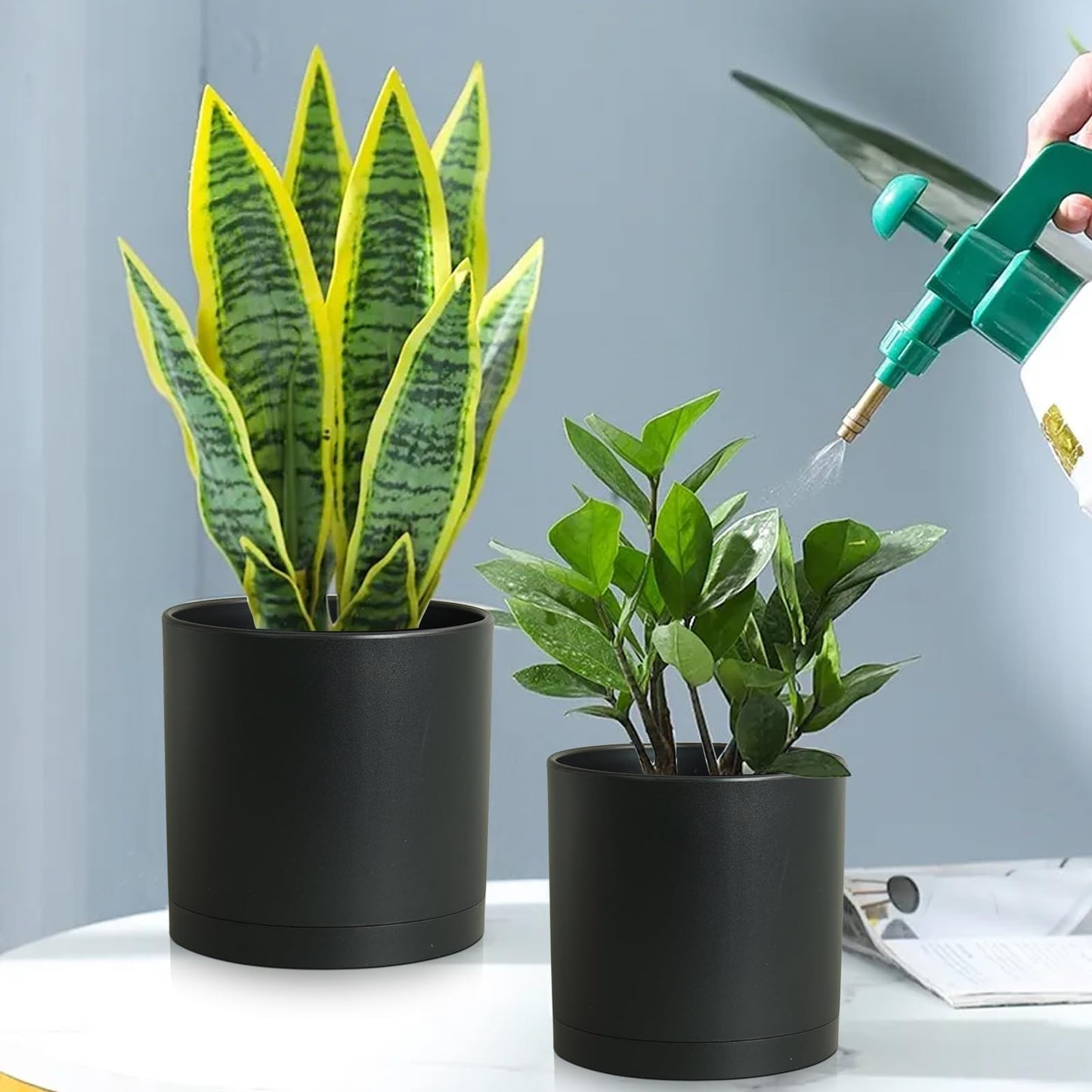 Meowell 8/7/6 inch Plant Pots, 3 Set Cylinder Flower Pots for Outdoor Indoor Plants, Decorative Plastic Planters with Drainage Holes and Saucers for Garden House Plants, Black