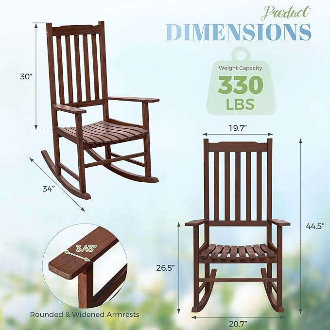 Flamaker Acacia Wood Patio Rocking Chair Set of 2, High Back and Widen Armrest