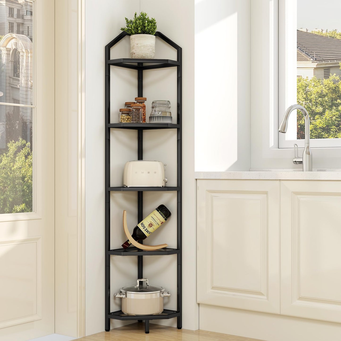 5 Tier Corner Wall Shelf Stand, 66" Metal Corner Shelves Bookshelf Display Shelf for Living Room Decor, Tall Plant Stand Multi Unit Organizer, Standing Shelf for Bedroom,Bathroom,Small Space (Black)