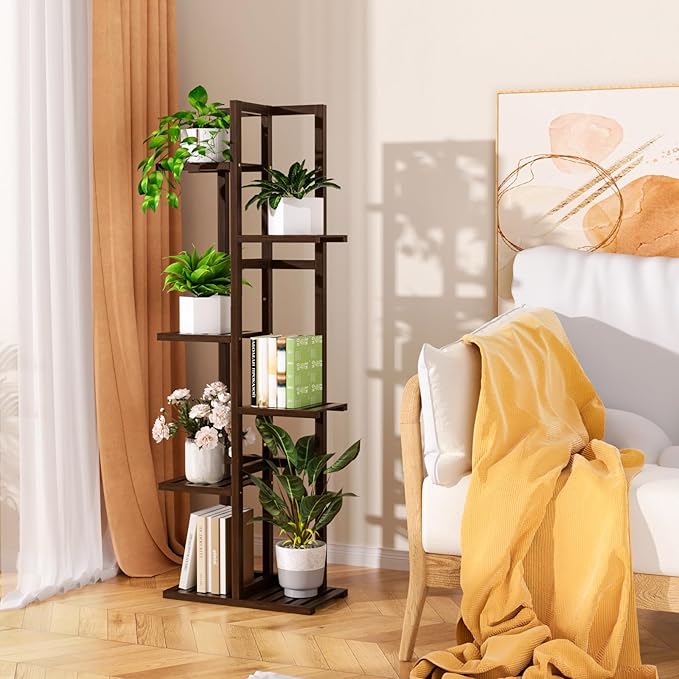 ROMGUAR CRAFT 6 Tier Bamboo Plant Stand Indoor, Wood Tall Flower Holder Corner