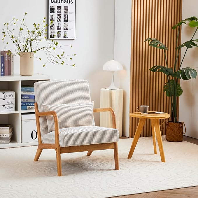 Mid-Century Modern Accent Chair Beige Rubberwood Frame Living Room Bedroom