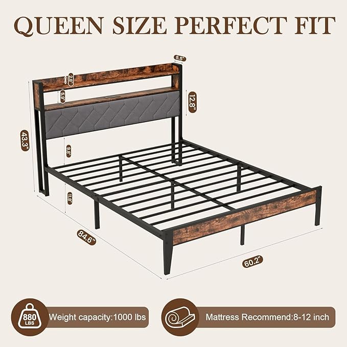 Queen Bed Frame with Charging Station, Upholstered Headboard, Metal Platform