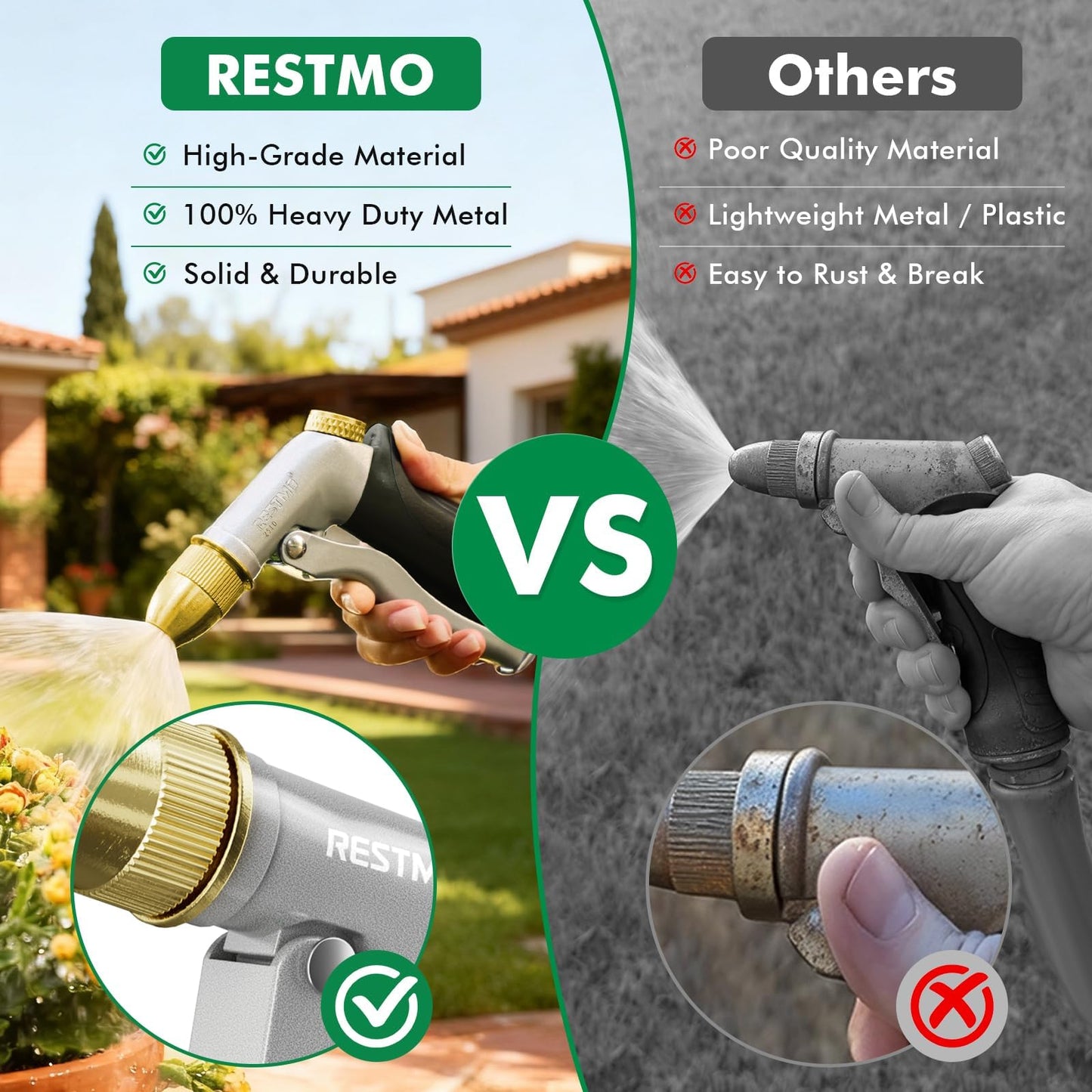 RESTMO Heavy Duty Metal Water Hose Nozzle, High Pressure Garden Hose Nozzle, Hose Sprayer Nozzle with Adjustable Spray Patterns for Garden Watering, Car Washing, Patio and Pet, Black