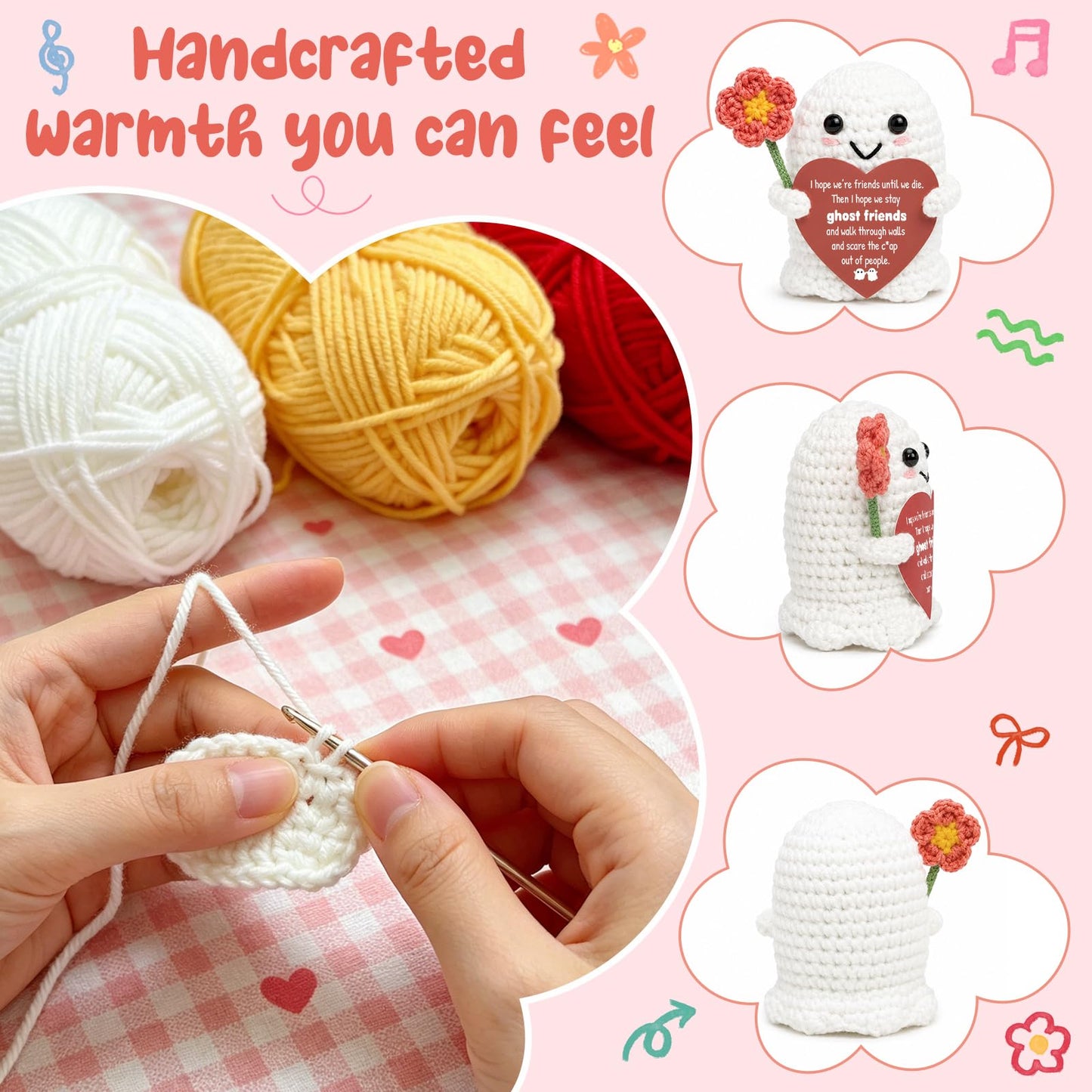 Best Friend for Women Friendship Ornaments - Handmade Crochet Ghost Decor with Funny Boo BFF Message Card, Halloween Stocking Stuffers, Cute Birthday Gift for Bestie Soul Sister
