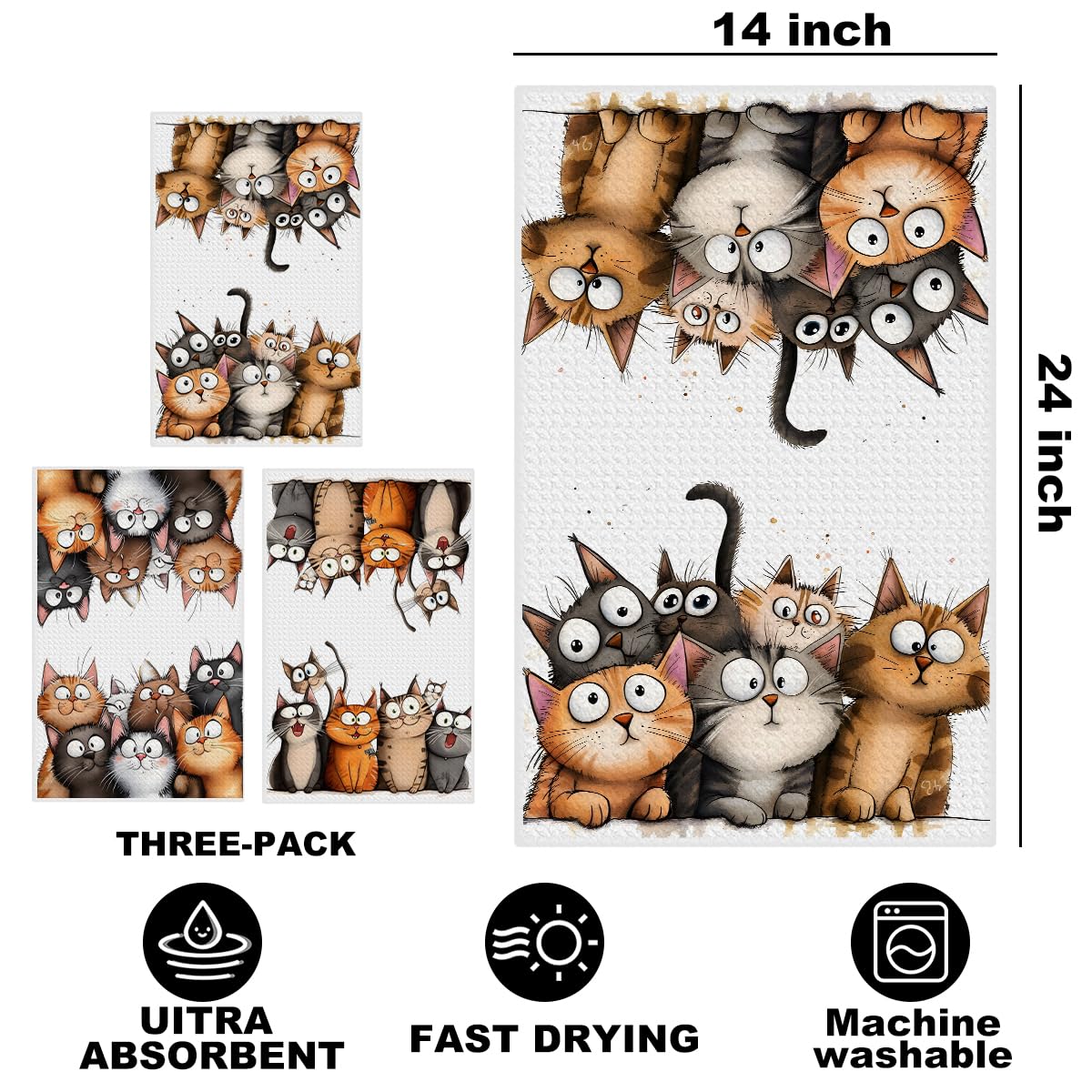 3 Pcs Cute Cat Kitchen Towels, Cats Soft Absorbent Hand Tea Towel, Microfiber Dish Cloths for Drying Dishes, Waffle Dish Towels for Kitchen Home Bathroom Decor, Cat Lover Gifts for Women Mom