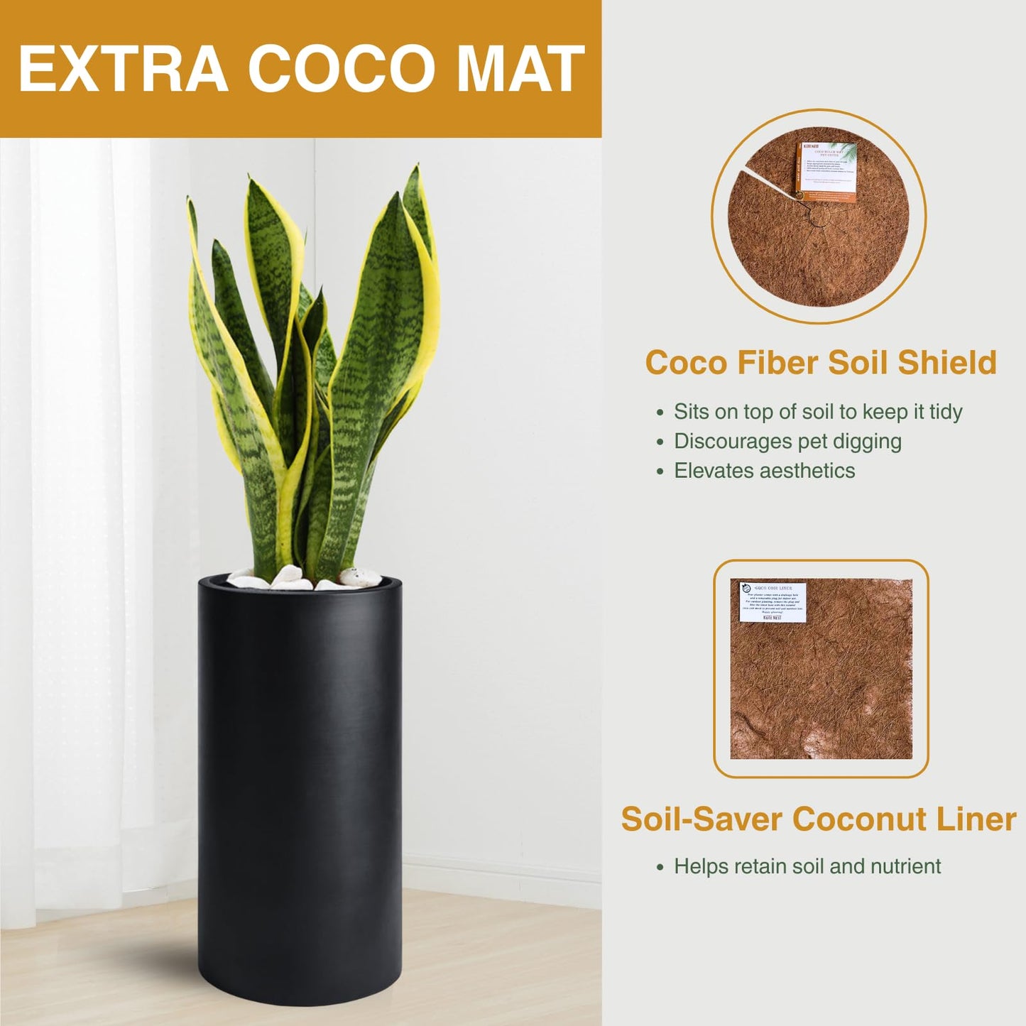 KUTE NEST 19.5" H x 9.8" D Premium Tubo Fiberstone Cylinder Tall Planter with Drainage Hole, Weather Resistant for Indoor and Outdoor Use, Included 2 Extra Coco Mats (Black, 8.2" Pot Opening)