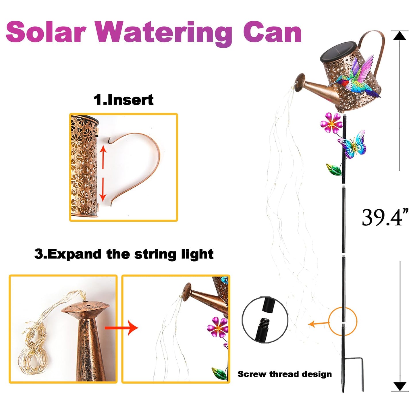 Solar Watering Can with Lights Outdoor Garden, 41in Large Hummingbird Garden Stake Lights, Waterproof Decoration for Yard Lawn Pathway, Gifts for Mom Grandma Women Birthday Gardening Gift