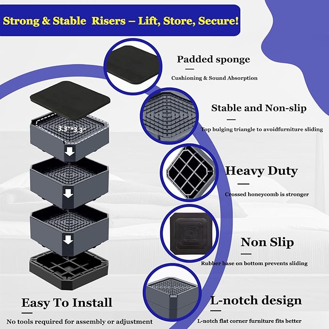 Bed Risers Heavy Duty, Adjustable Furniture Riser Blocks Lift 1.5, 4.3 inches