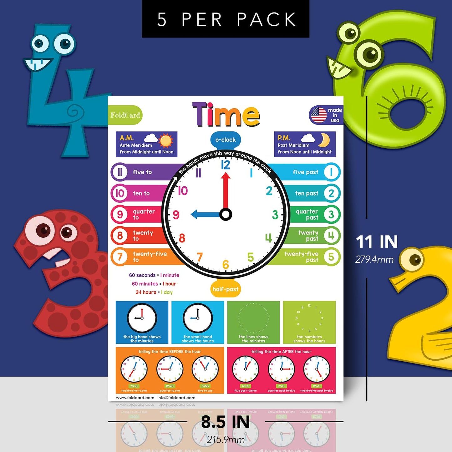 Time Chart for Preschool to Grade 1 Kids – Learn How to Tell the Time – Colorful Educational Visual/Learning Aid Poster for Classroom or Home | Glossy Durable Cardstock | 8.5" x 11" | 5 per Pack