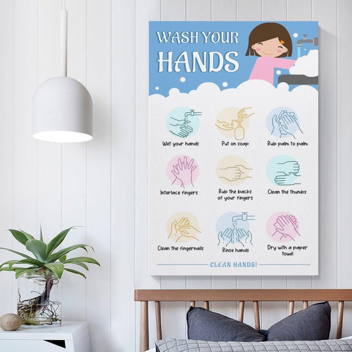 LINWDSB Handwashing Poster – Wash Your Hands Sign for Kids Preschool, Daycare, School Nurse & Classroom Bathroom Posters style 12x18inch(30x45cm)