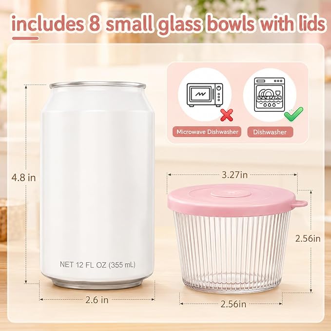 8 Sets Small Glass Bowls with Pink Lids 6.8oz Ribbed Clear Glass Containers Stackable Dessert Custard Pudding Cups Condiment Bowls for Sauces Dips Nuts Oats Candy Dessert Cereal
