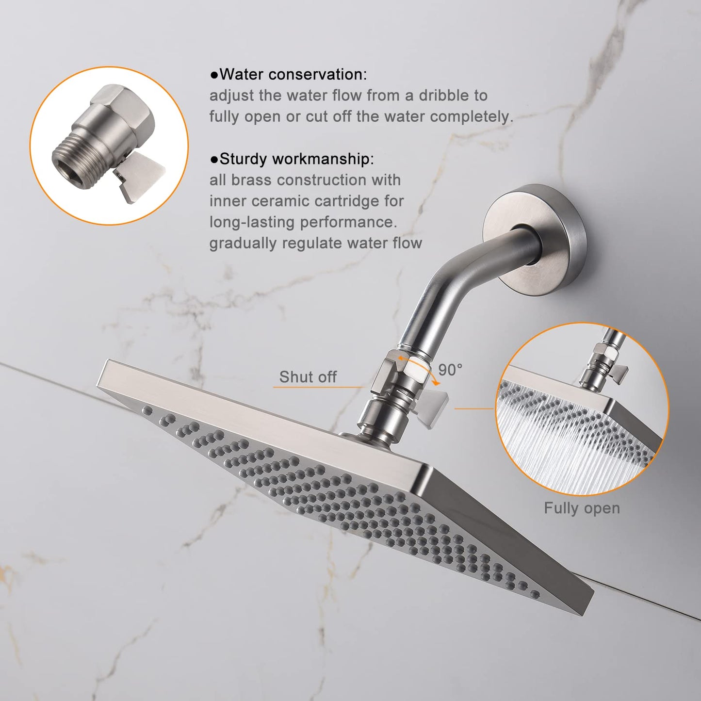 Shower Head Shut Off Valve, Brass G1/2“ Water Flow Control Valve for Shower head and Handheld, Water Pressure Regulator Replacement for Shower System(Brushed Nickel)