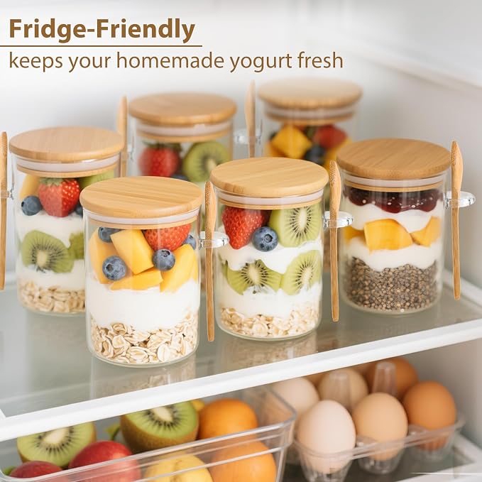 TBWIND 6 Pack Overnight Oats Containers with Lids and Spoons, 16oz Glass Jars with Bamboo Lids, Airtight Meal Prep Yogurt Containers for Breakfast, Parfait, Salad, Chia Pudding