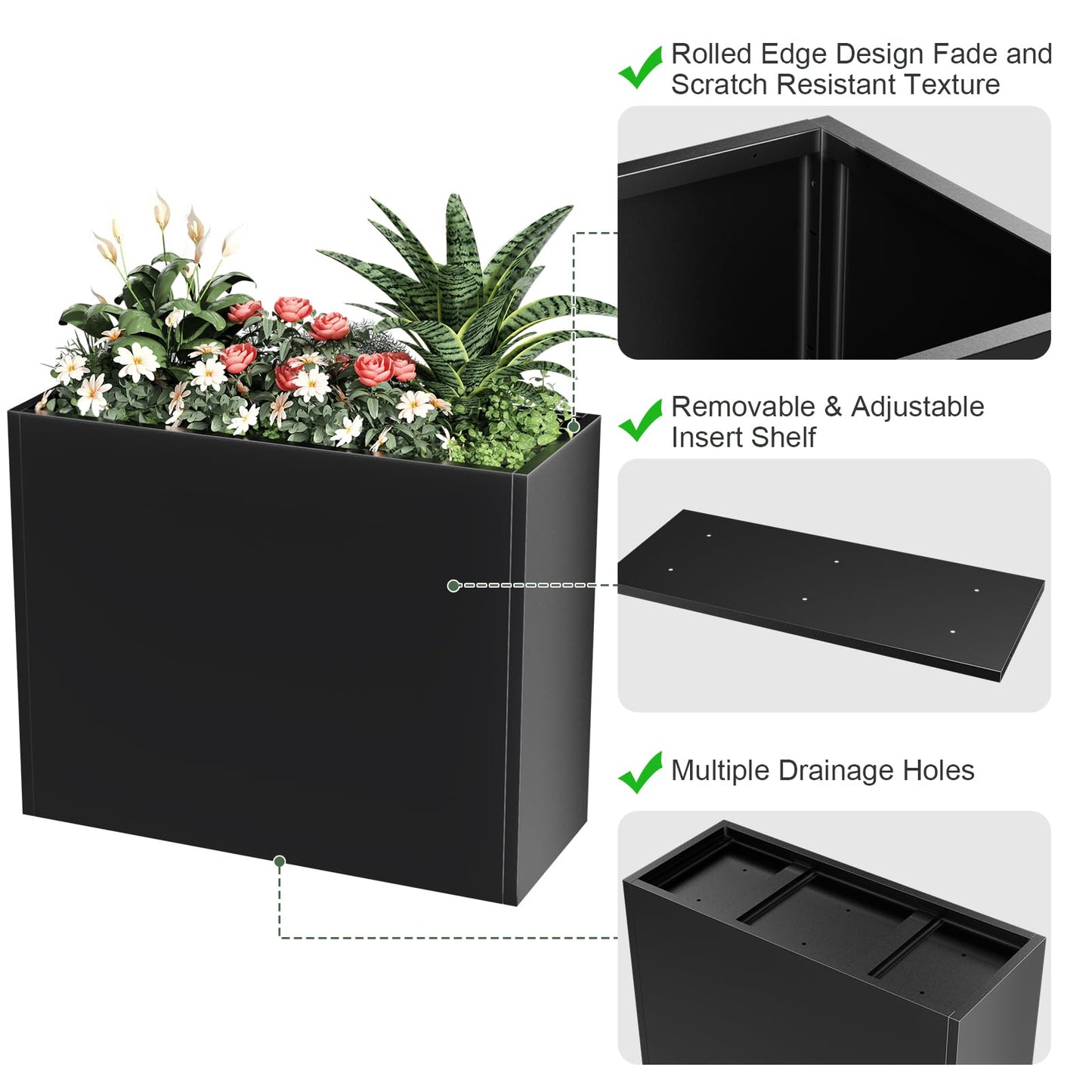 Tall Metal Planter Box for Outdoor Plants 36"L x 12"W x 26"H, Heavy Duty Steel Large Rectangular Planter Box with Removable Insert Shelf, Modern Décor for Tall Plants, Trees, Flowers (Black)