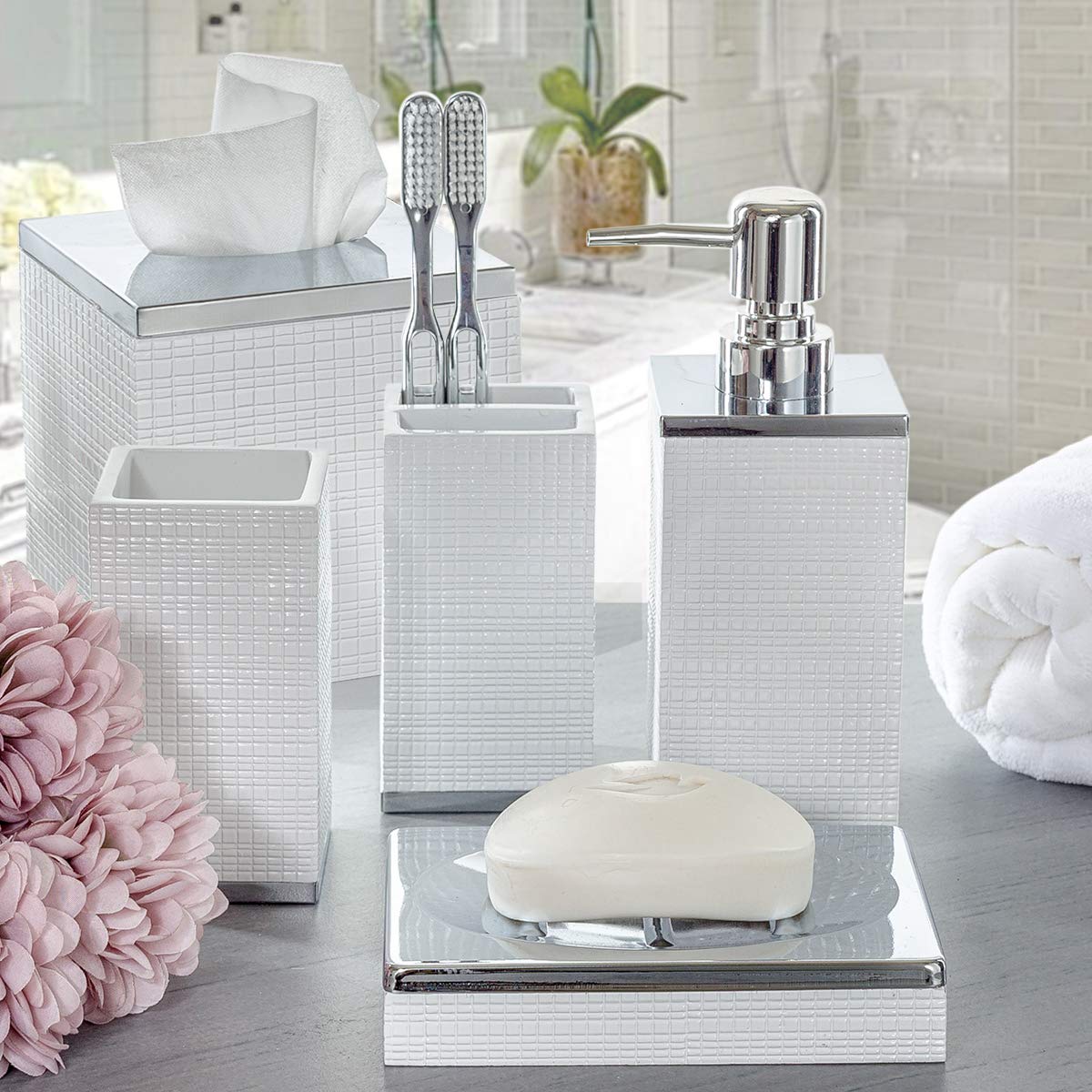 Creative Scents Estella White Tissue Box Cover Square - Decorative Bathroom Tissue Box Holder, Elegant Design Tissue Cover, for Modern Bathroom Decor