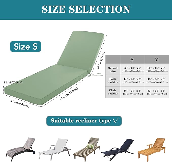 Outdoor Chaise Lounge Cushion Set of 2, Fadesafe Water-Repellent Lounge Deck