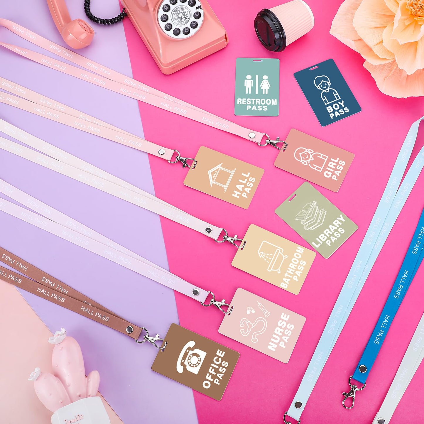 Fuyoooo 16 Set Boho Hall Pass Lanyards Unbreakable PVC Classroom Passes with Lanyards Boho Classroom School Teacher Supplies Bathroom Boy Girl Library Hall Office Nurse Pass