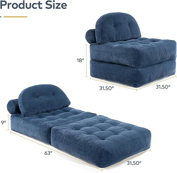 Convertible Corduroy Floor Sofa, 3-in-1 Folding Lazy Sofa Bed