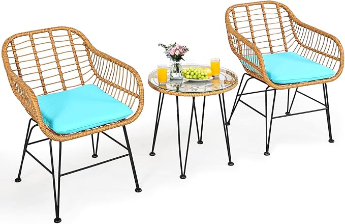 Tangkula 3 Pieces Patio Bistro Set, Rattan Conversation Set