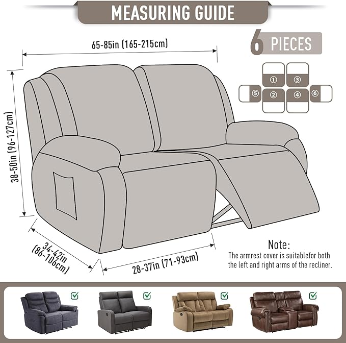 TAOCOCO Recliner Loveseat Slipcover, 6 Pieces Dual Recliner Sofa Covers