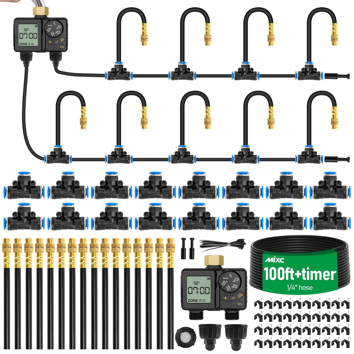 MIXC Drip Irrigation System with Timer,1/4" 100Ft Automatic Garden Watering Kit with 16pcs 360°Adjustable Brass Nozzles & Bendable Rod,for Outdoor Plants,Lawn,Raised Bed,Potted Plant,Yard,Greenhouse