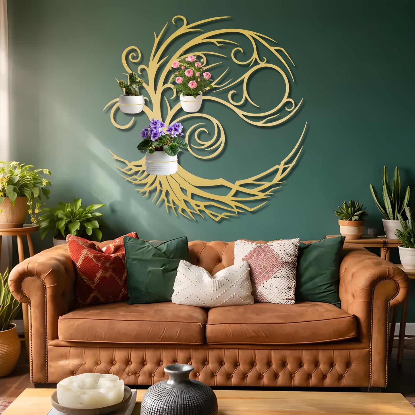 Tree of Life Metal Plant Wall Holders, Metal Tree Wall Mounted Plant Holder, Branch Hanging Planters for Living Room, Kitchen, Fireplace (Black, 35"x 35"| 90x90cm, 3 Pack 5" Flower Pot Holder Ring)