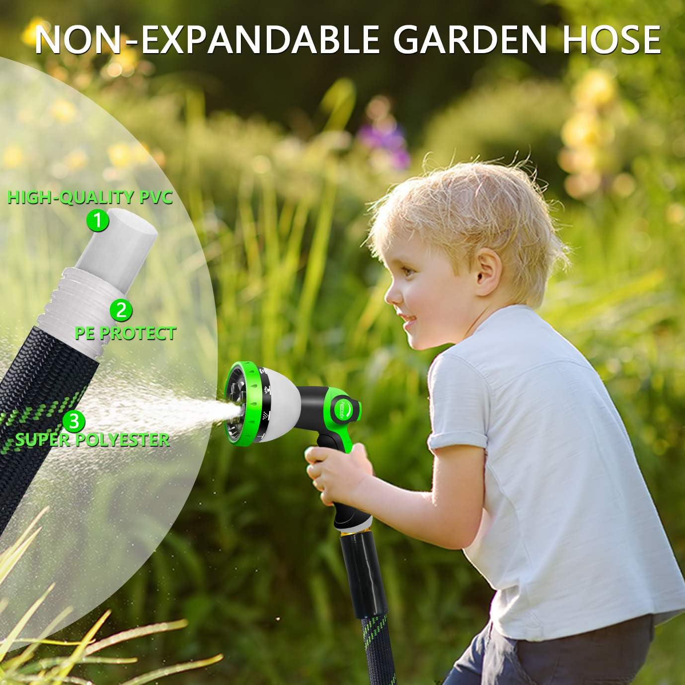Junredy Garden Hose 25 FT, NON-EXPANDABLE Heavy-Duty Flexible & Lightweight Water Hose with 10-Function Nozzle, No-Kink, Leak-Proof Super Fabric, Solid Fittings for Lawn, Car, Outdoor (Black Green)
