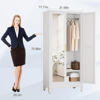 71" Metal Armoire Wardrobe Closet, Steel Clothing Storage Cabinet with Mirror and Adjustable Shelves, Household Steel Wardrobes Storage Cabinet with Adjustable Standing Feet and Hanging Rod（White）