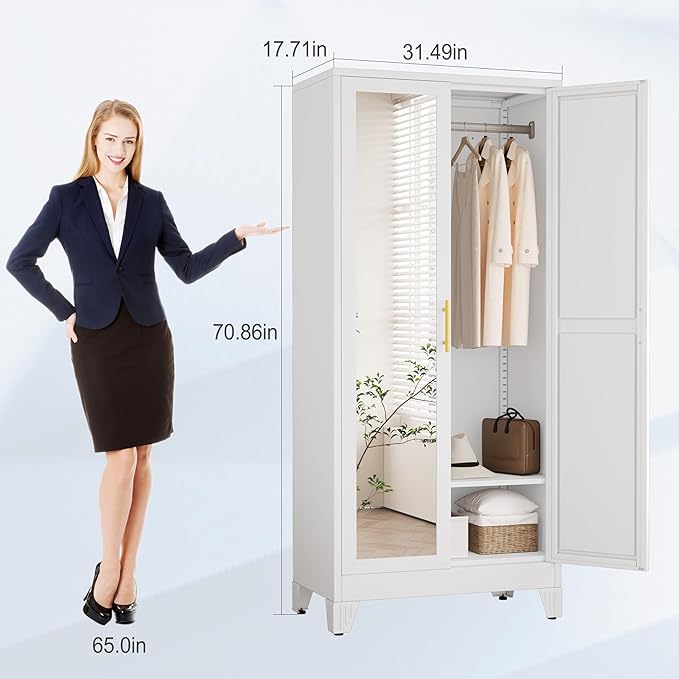 71" Metal Armoire Wardrobe Closet, Steel Clothing Storage Cabinet