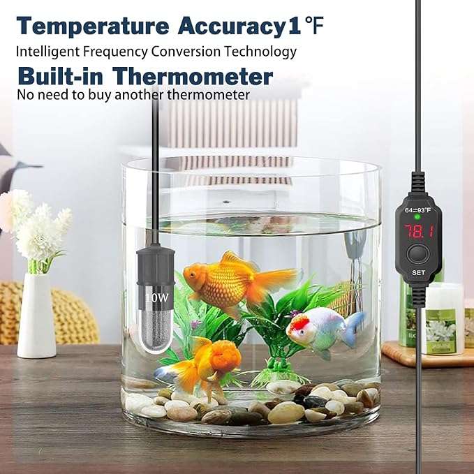 YOFOTHS Adjustable Mini Aquarium Heater 0.5/1/2/3 Gallon Submersible Small Fish Tank Heater 10W/20W/30W Digital Display Thermostat External Temperature Controller (10W)