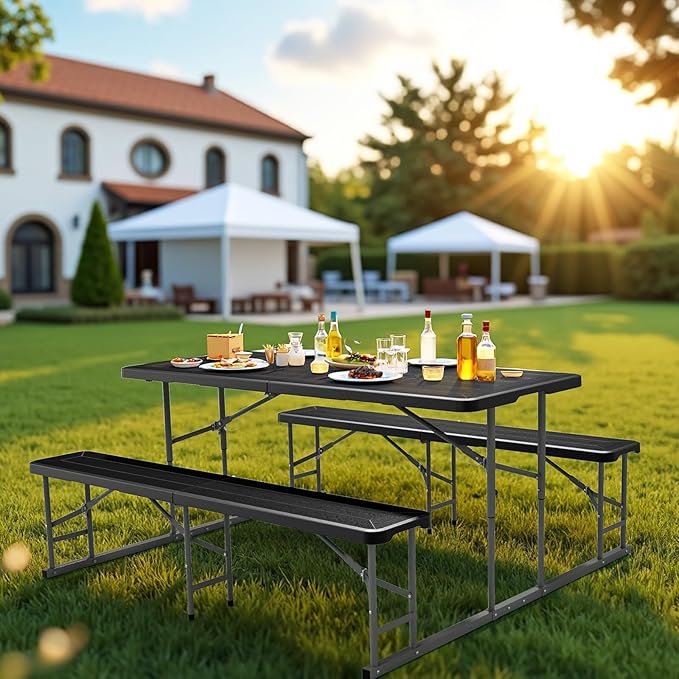 VINGLI Folding Picnic Table and Bench Set, Portable Outdoor Dining Furniture