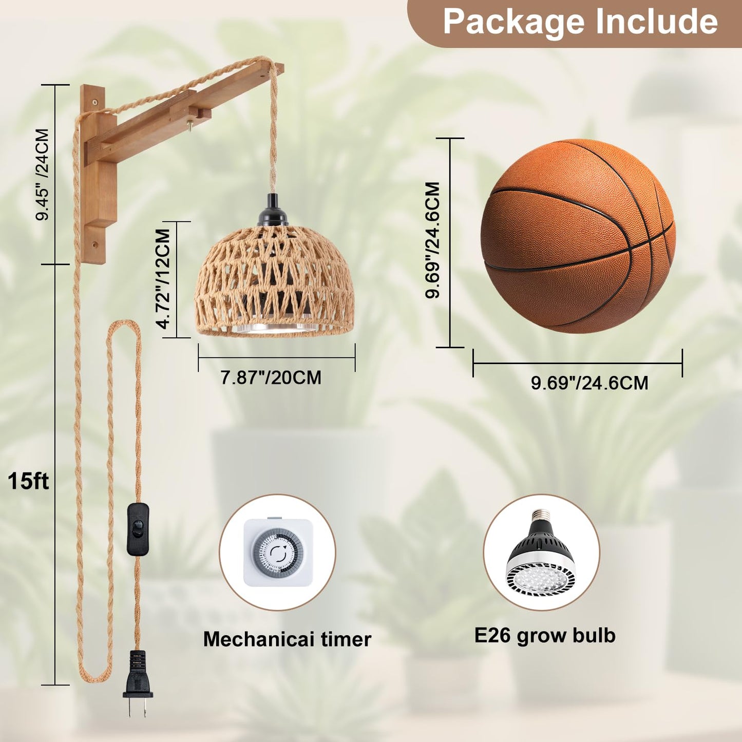 30W 4000K Indoor Plant wall Mounted Growth Light, Bohemian Style wall Mounted Plant Light with Timer, Equipped with a 14 Foot Power Cord, Suitable for Indoor Plant Cultivation and Floral Display