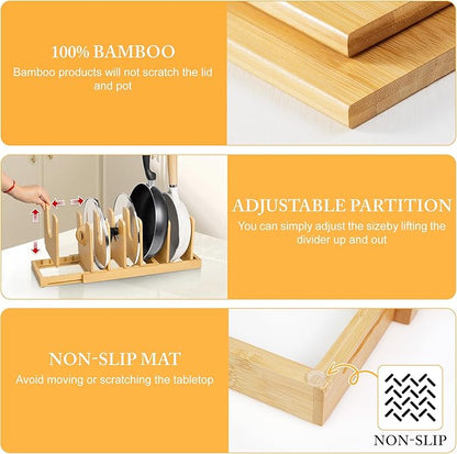 MinBoo Bamboo Expandable Pot Lid Organizer, Pot and Pan Organizer Drawer Organizer for Pot Lids, Adjustable 10 U-Shaped Dividers for Kitchen Cabinet Organizers and Storage (Bamboo-1)