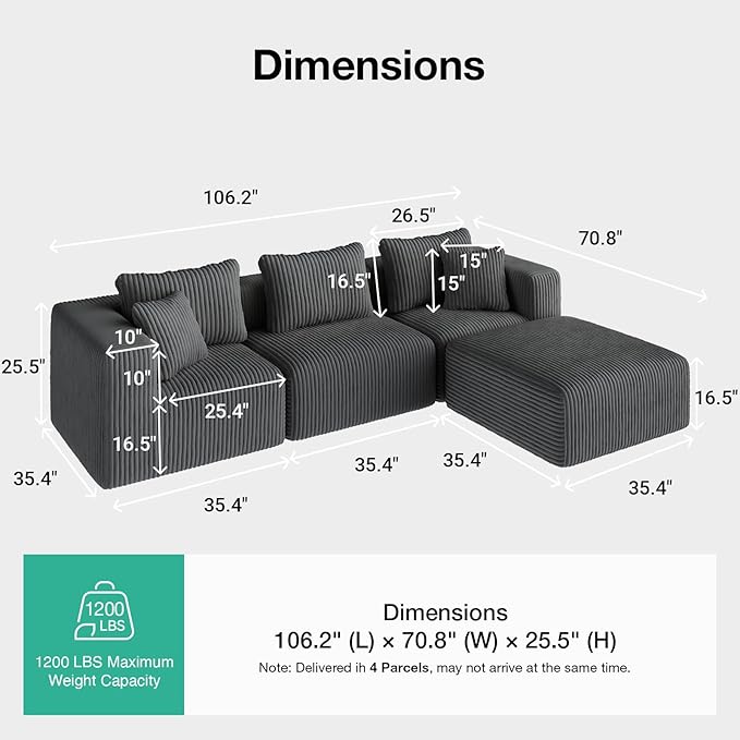 Novilla 106" Modular Sectional Sofa, Modern Cloud Sectional Couch