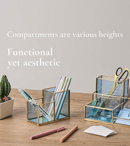 FONDAZZA Gold & Blue Glass Desk Organizer - Elegant Office Decor, Aesthetic Makeup Brush Holder, 2-Compartment Pen Holder, Pencil Cup, Vanity & Cosmetic Storage, Desk Accessories for Women